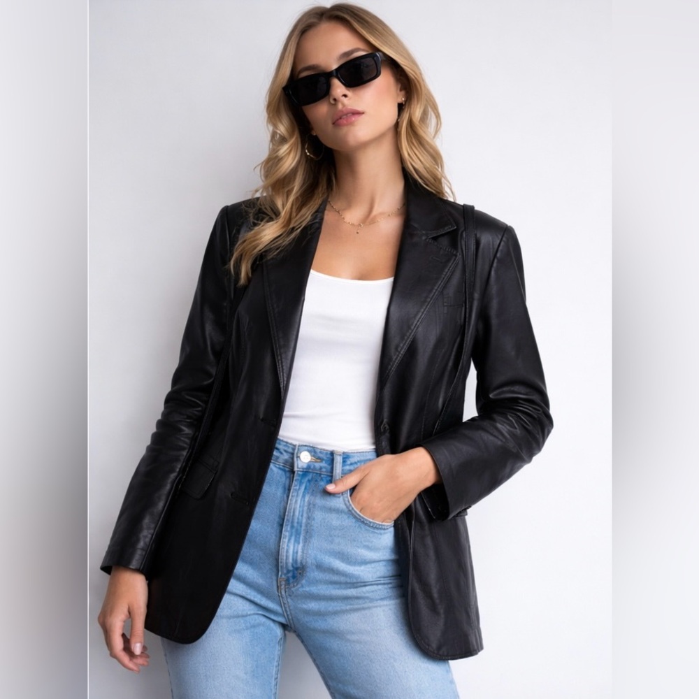 Vintage 90s Black Leather Blazer Minimalist Tailored Jacket M Carson Pirie Scott
